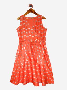 KiddoPanti - Girls Orange Rayon Printed Layer Dress with Belt