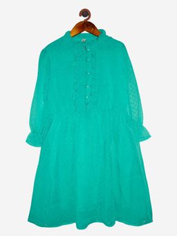 KiddoPanti - Girls Green Georgette Front Yoke Frill Detailed Placket Dress