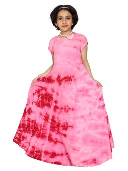 KiddoPanti - Girls Pink Rayon Long Gown Tie and Dye Dress