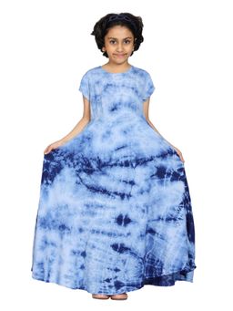 KiddoPanti - Girls Blue Rayon Long Gown Tie and Dye Dress