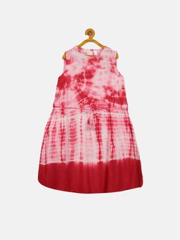 KiddoPanti - Girls Red Rayon Sleeveless Tie and Dye Dress with Dori