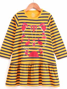KiddoPanti - Girls Yellow Cotton Cat Print Striped Full Sleeve Frill Bottom Layer Dress