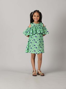 KiddoPanti - Girls Green Cotton Could Shoulder Dress
