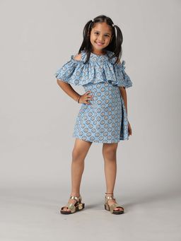 KiddoPanti - Girls Blue Cotton Could Shoulder Dress