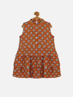 KiddoPanti - Girls Orange Cotton Sleeveless Layered Dress