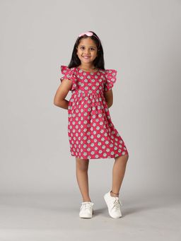 KiddoPanti - Girls Red Cotton Yoke Dress