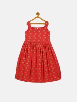 KiddoPanti - Girls Red Rayon Sleeveless Dress