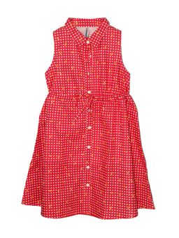 KiddoPanti - Girls Red Cotton Sleeveless Button Up Shirt Dress