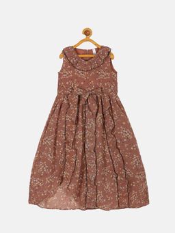 KiddoPanti - Girls Brown Georgette Sleeveless Dress with Belt