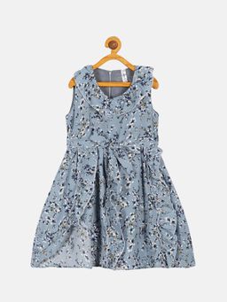 KiddoPanti - Girls Blue Georgette Sleeveless Dress with Belt