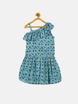 KiddoPanti - Girls Blue Rayon One Shoulder Frill Layer Dress