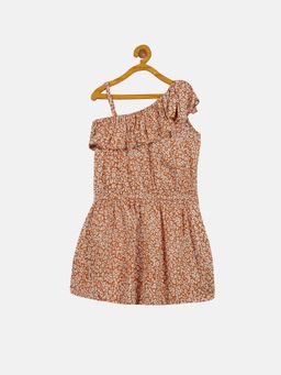 KiddoPanti - Girls Brown Rayon One Shoulder Frill Layer Dress
