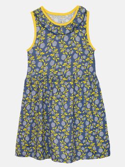 KiddoPanti - Girls Blue Cotton Sleeveless Dress with Neck Frill