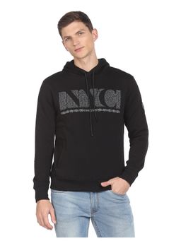 Arrow Newyork - Men Black Long Sleeve Graphic Print Hooded Sweatshirt