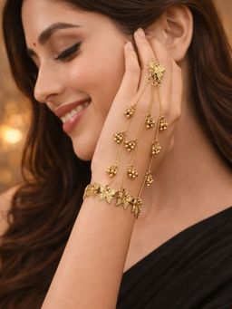 SUGARFRILL - Gold Plated Floral Beaded Haathphool Bracelet with Ring Chain