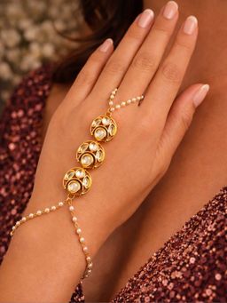 SUGARFRILL - 18K Gold Plated Kundan Pearl Beaded Haathphool Bracelet