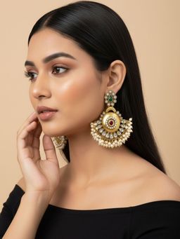 SUGARFRILL - 22K Gold Plated Handcrafted Designer Kundan Earrings With Pearls For Bridal Wear