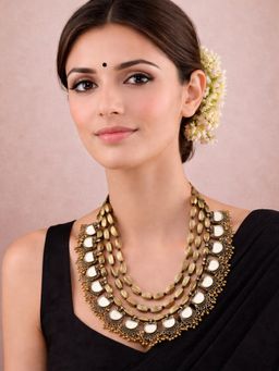 SUGARFRILL - Dual Tone In Silver And Gold, Mirror Detailing With Beads Multilayer Necklace