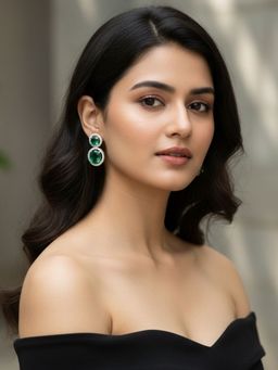 SUGARFRILL - Silver-Plated Handcrafted Designer Emerald Crystal Stud-Drop Earrings With Cz Accents