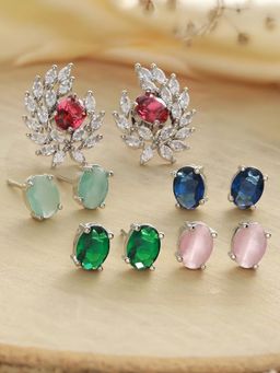 SUGARFRILL - Multicolor Solitaire Leaf Silver-Plated Stud Earring Pack Of 5 (Pack of 5)