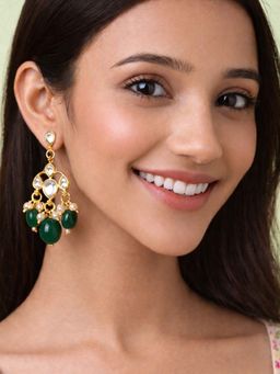 SUGARFRILL - Gold Plated Kundan Green Pearl Drop Earrings