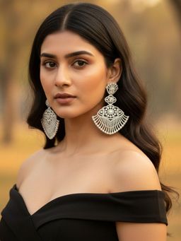 SUGARFRILL - Silver-Plated Designer Cz Statement Long Earrings For Party