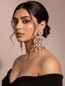 SUGARFRILL - Designer Rose Gold Cz Statement Earrings For Bridal And Wedding Wear