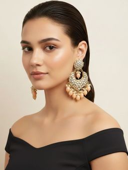 SUGARFRILL - 22K Gold Plated Designer Kundan Earrings With Peach Beads