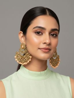 SUGARFRILL - 22K Gold Plated Antique Gold Designer Earrings With Peach Beads