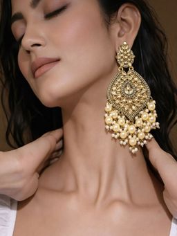 SUGARFRILL - 18K Gold-Plated Kundan Studded And Pearls Beaded Teardrop Shaped Drop Earrings
