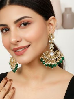 SUGARFRILL - Traditional 22K Gold Plated Pearl Studded And Green Beaded Big Earrings