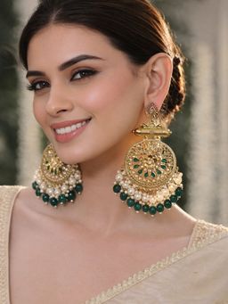 SUGARFRILL - Traditional 22K Gold Plated Pearl Studded And Green Beaded Big Earrings