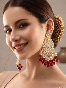 SUGARFRILL - Traditional 22K Gold Plated Kundan Maroon Beaded Statement Earrings
