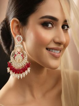 SUGARFRILL - 18K Gold-Plated Kundan Peacock With Red Beads And Pearls Earrings