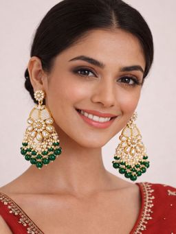 SUGARFRILL - Traditional 22K Gold Plated Kundan Green Beaded Statement Earrings