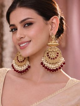 SUGARFRILL - Traditional 22K Gold Plated Kundan Pearl Studded And Maroon Beaded Big Earrings