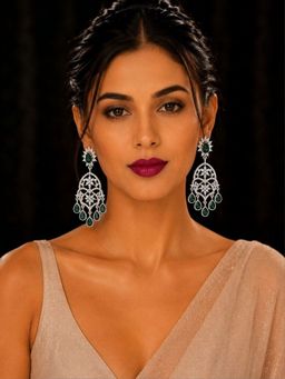 SUGARFRILL - Rhodium-Plated Ad Rich Emerald-Green Stone Chandelier Earrings