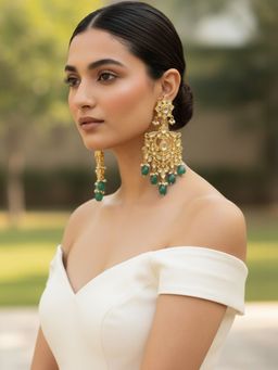 SUGARFRILL - 22K Gold Plated Pachi Kundan Earrings With Green Beads For Women