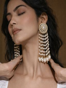 SUGARFRILL - 18K Gold-Plated Kundan Stone Multilayer White Pearl Beaded Drop Chandelier Earrings