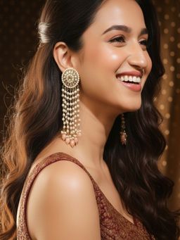 SUGARFRILL - 18K Gold-Plated Multilayer Kundan And Pearl Beaded Long Earring With Peach Beads