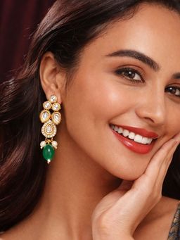 SUGARFRILL - Gold Plated Kundan Green Pearl Drop Earrings
