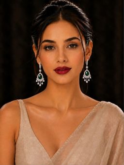 SUGARFRILL - Rhodium-Plated Ad Rich Emerald-Green Center Stone Drop Earrings