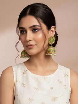 SUGARFRILL - 22K Gold Plated Green Kundan Jhumka Earrings Women