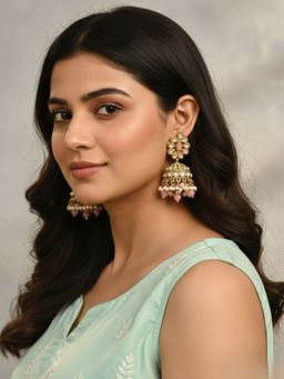 SUGARFRILL - 22K Gold Plated Pink Kundan Pearl Jhumka Earrings Women