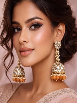 SUGARFRILL - Gold Plated Kundan Jhumka Earrings With Pearl Drops