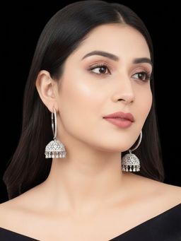 SUGARFRILL - Rhodium Plated Ad And Crystal Studded Silver-Look Jhumka Earrings .