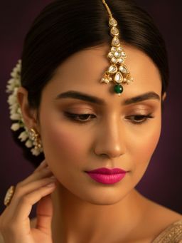 SUGARFRILL - 18K Gold Plated Floral Kundan Maang Tikka With Bead Drop Green