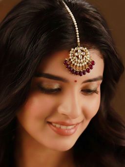 SUGARFRILL - Gold-Plated Floral Kundan And Red Beaded Maang Tikka