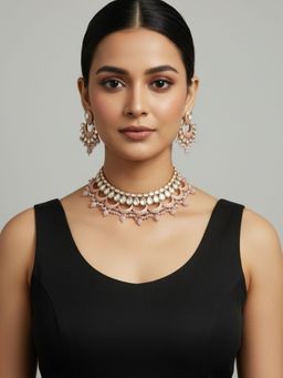 SUGARFRILL - Gold-Plated Handcrafted Kundan And Blush Pink Beaded Enamel Necklace Set