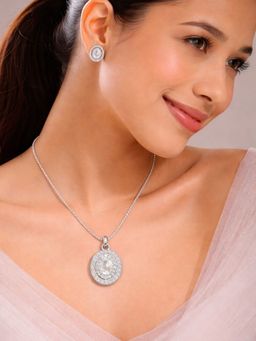 SUGARFRILL - Rhodium -Plated Stainless Steel Cz And Ad Stone Oval Pendant Necklace Set